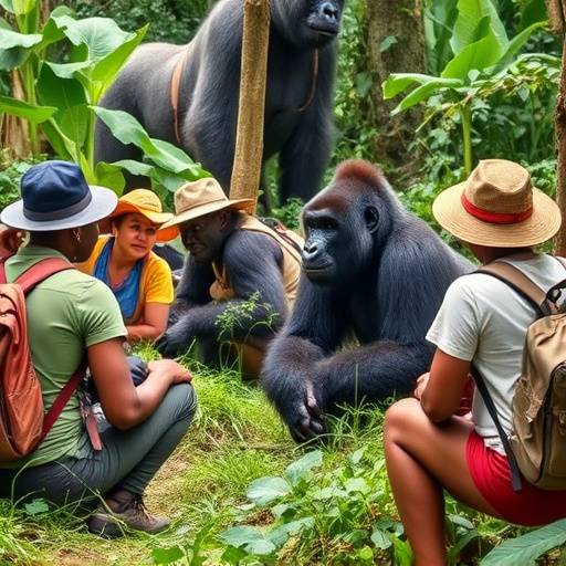 Group of tourists gorilla trekking in Uganda