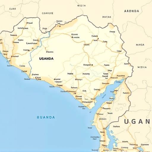 Map of Uganda highlighting major geographical features such as Lake Victoria, the Nile River, and the Rwenzori Mountains